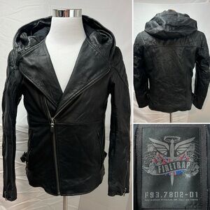 Vintage Y2K Men’s M Black Leather Hooded Jacket Firetrap Biker Streetwear Moto